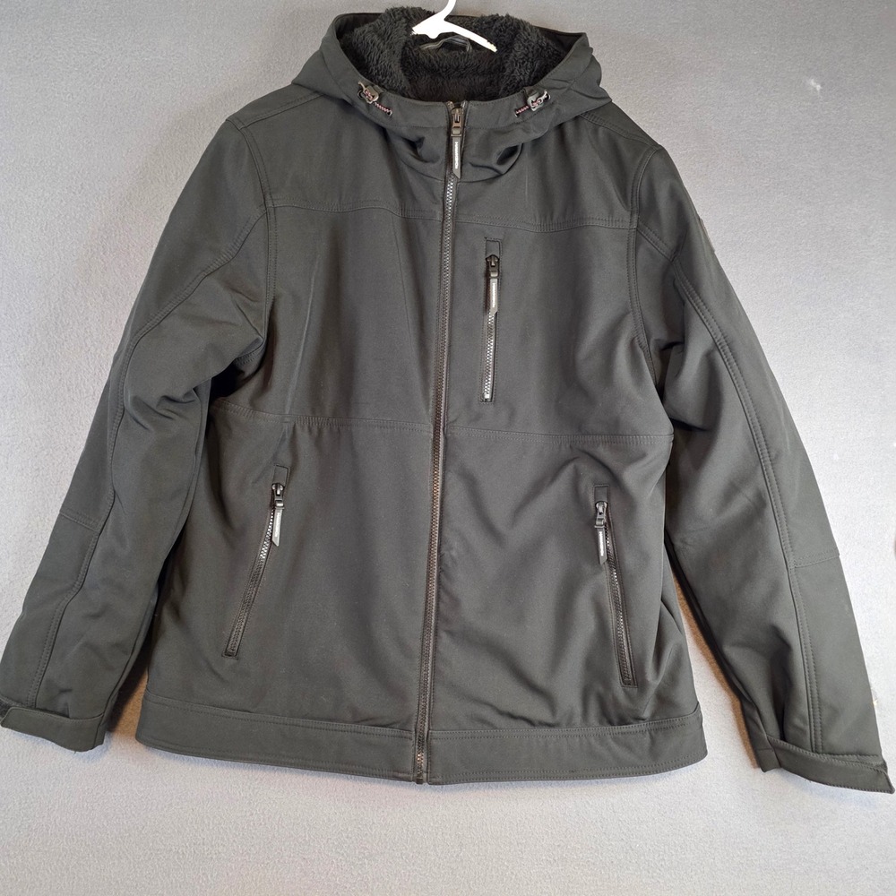 Hawke & Co Softshell Jacket Mens Large Black Furry Fleece Lined Hooded